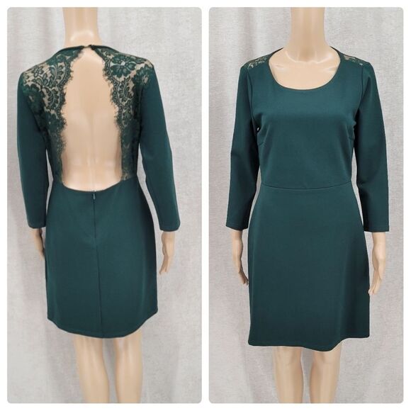 Lulus Green Long Sleeve Midi Dress with Open Back Lace Trim - Picture 1 of 14